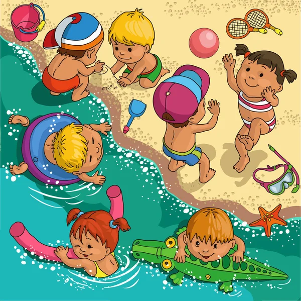 Niños en la playa — Vector de stock