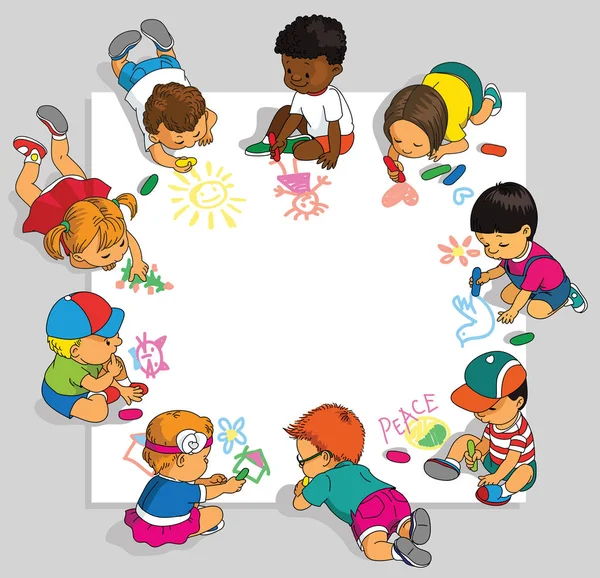 Group of children holds the large clean sheet of paper — Stock Vector