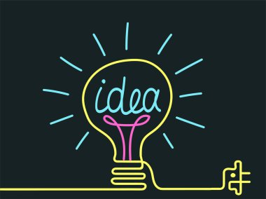 Vektör. Parlak bir çizgiyle çizilmiş bir ampul. Fikir ve yaratıcılık kavramı.