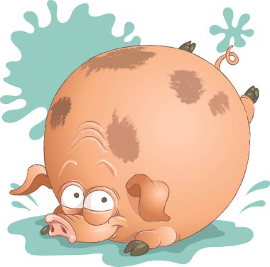 Komik vektör çizimi. Top şeklinde neşeli bir domuz arka plandaki su birikintisine atlıyor..