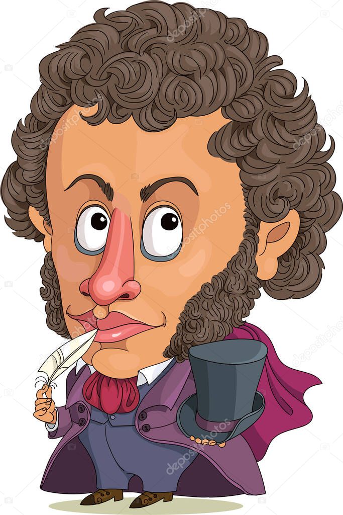 Vector funny cartoon. Russian poet Alexander Pushkin.