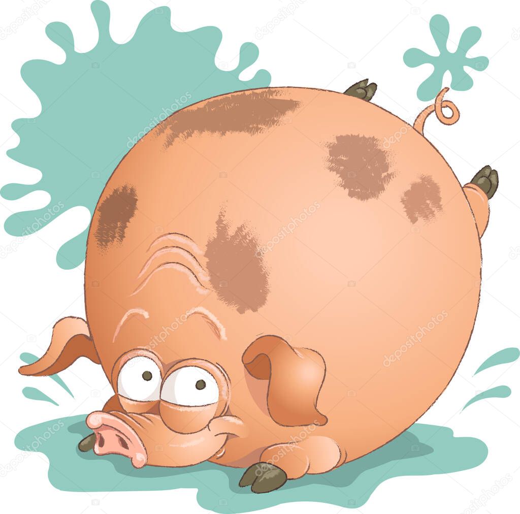Funny vector drawing. Merry pig in the shape of a ball jumps into a puddle on a background of splashes.