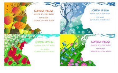 Vektör çizimi. Mevsimlerin kinayesi. Sonbahar, kış, bahar ve yazın arka planında bir kızın siluet profili. Metin için yer.