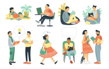 Vektör düz çizgi film çizimi. Bir grup insan kitap okuyup tartışıyor. Öğrenciler sınavlara hazırlanıyor. Okuma aşıkları ve modern edebiyat hayranları beyaz arka planda izole edilmiş. Eğitim kavramı.