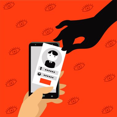Vektör çizimi. Koruma ve güvenlik kavramı. Bir hırsız cep telefonunun kişisel bilgilerini hacklemeye çalışıyor..