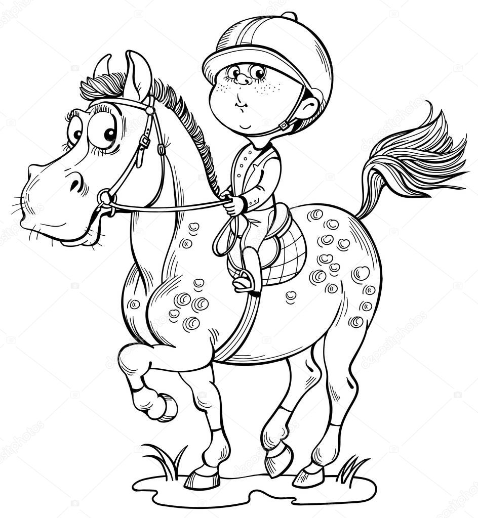 Vector illustration for coloring. Funny horseman. The child is riding a horse.