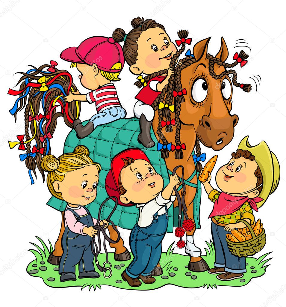 Vector illustration. Funny story at the stable. Children enthusiastically decorate a horse with colorful ribbons and bows. Feed her carrots.
