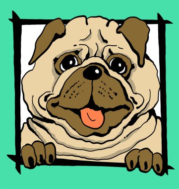 Vektör çizimi. Robot resim. Yeşil arka planda çerçeveli komik bir köpek portresi. Giysiler, avatar, kartpostallar için yazdır.