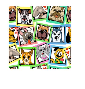 Vektör. Çok renkli, parlak, pürüzsüz bir desen. Çerçevede komik köpek çizimleri.