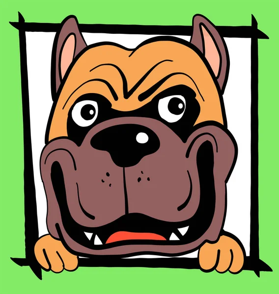 Ilustración Vectorial Boceto Retrato Divertido Perro Marco Sobre Fondo Verde — Vector de stock