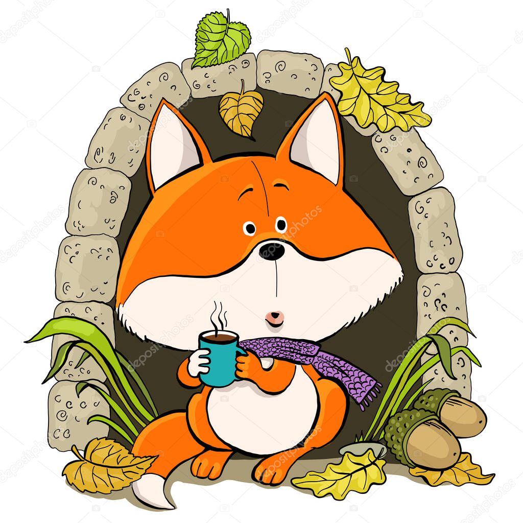 Vector cartoon. A cute red fox meets autumn with a cup of hot tea near his house.