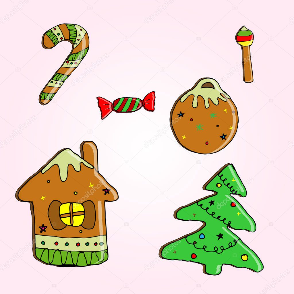 Christmas set: gingerbread house, christmas ball, three, 3 candy