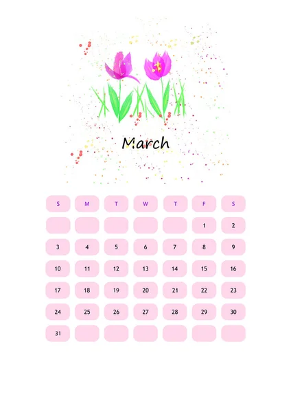 Akvarelu Kalendář Březen — Stockový vektor