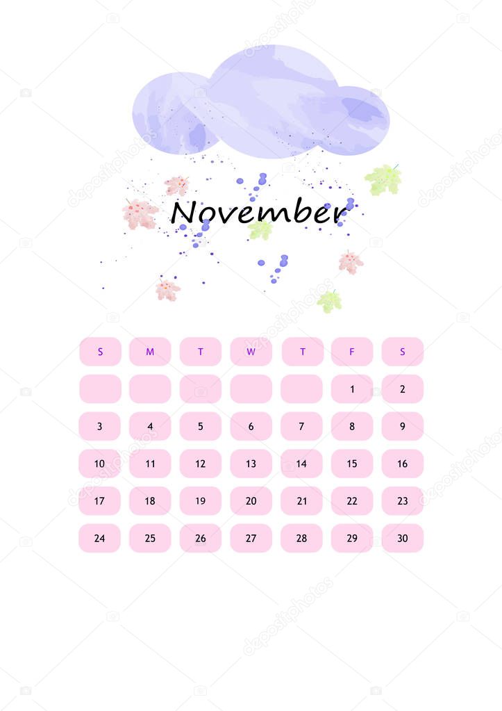 watercolor calendar for November