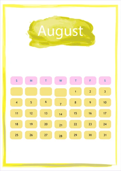 Aquarell Kalender Vom August — Stockvektor