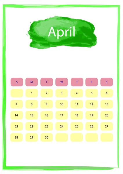 Calendario Acquerello Aprile — Vettoriale Stock