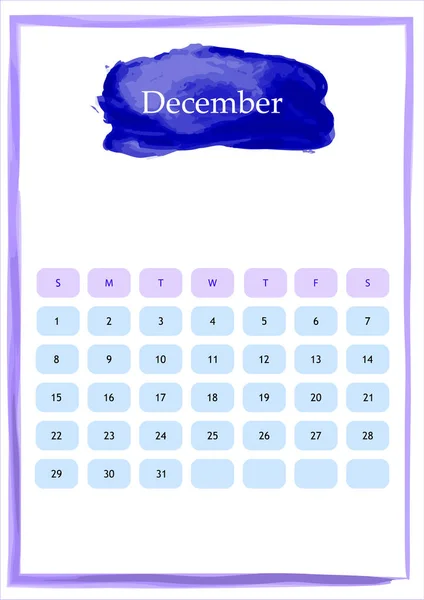 Dezember Aquarellkalender 2019 — Stockvektor