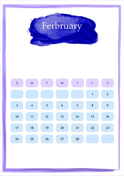 Kalender Voor Februari Geschilderd Aquarel — Stockvector