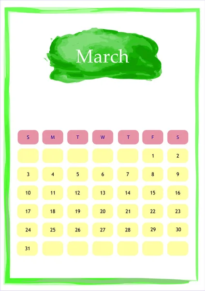 Aquarell Kalender Für März — Stockvektor