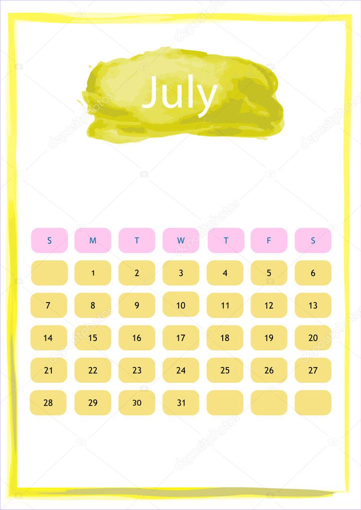 watercolor calendar of July
