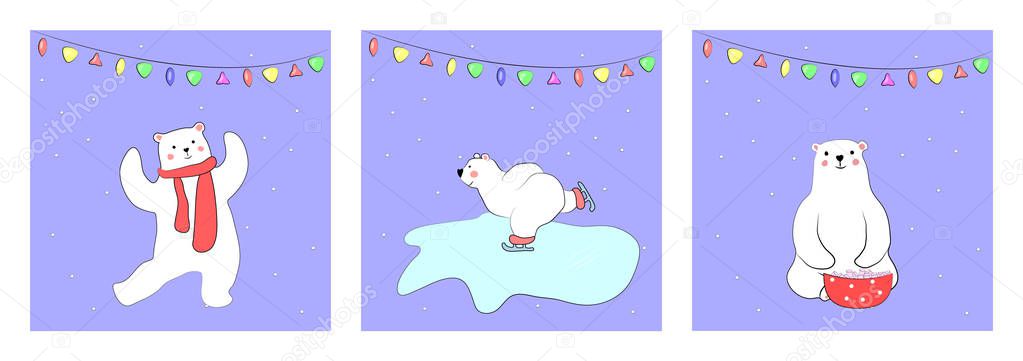 set of three postcards with a cute polar bear