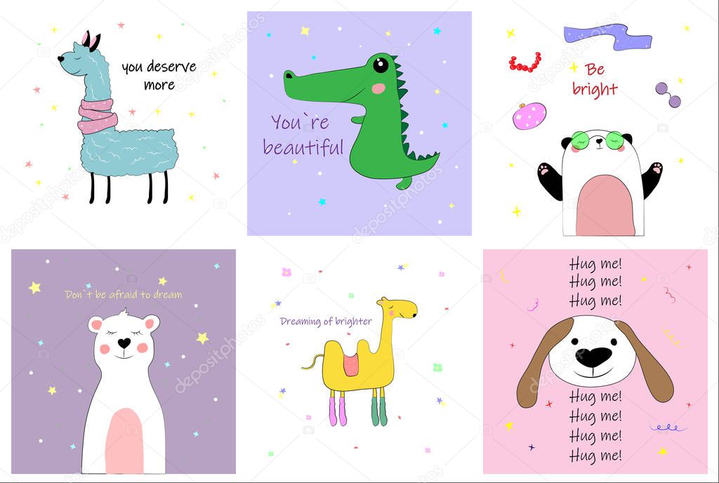 set of different cute postcards with inscriptions with Lama, dog, camel, crocodile, Panda and bear