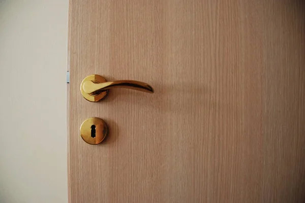 A golden door handle on wooden door