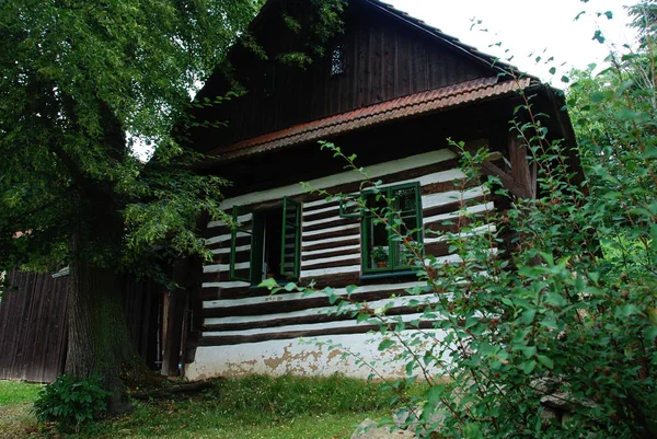 Traditionelles Altes Fachwerkhaus Mit Grünen Fenstern Versteckt Hinter Einem Großen — Stockfoto