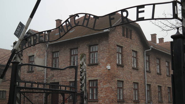 Auschwitz Main Entrance Gate with Arbeit Macht Frei Sign