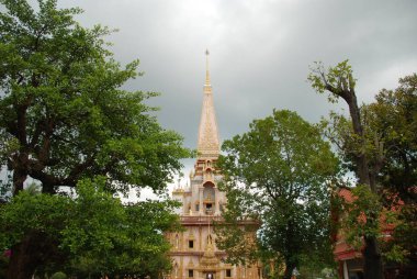 Phuket Wat Chalong tapınak bir kule, Tayland, yaprakları ile görünümü
