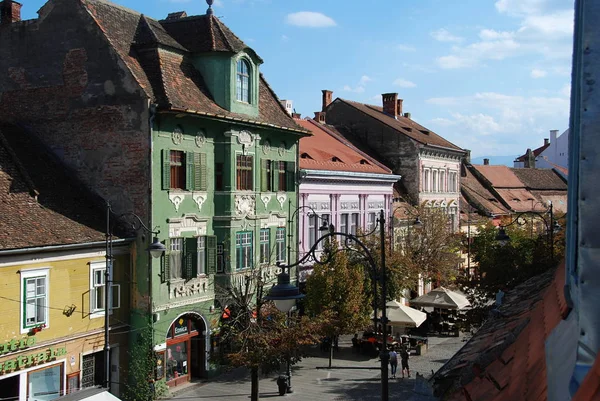 Calle Histórica Colorida Centro Sibiu Rumania —  Fotos de Stock