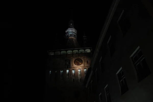 Torre Del Reloj Sighisoara Por Noche Rumania — Foto de Stock