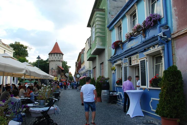 Calle Histórica Colorida Centro Sibiu Rumania —  Fotos de Stock