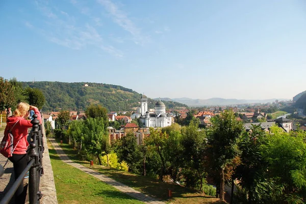 Sighisoara Cityscape Holy Trinity Orthodox Church View Carpathian Mountains Romania — Stock Photo, Image