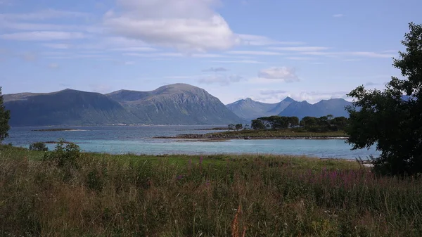 Costa Gasfjorden Con Agua Turquesa Rodeada Montañas Archipiélago Vesteralen Noruega —  Fotos de Stock