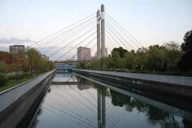 Tomioka ilçesinde Kiba parkında bir köprü bir nehre yansıdı