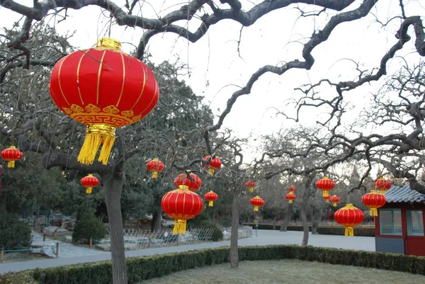 Parque Decorado Com Tradicionais Lampiões Vermelhos Chineses — Fotografia de Stock