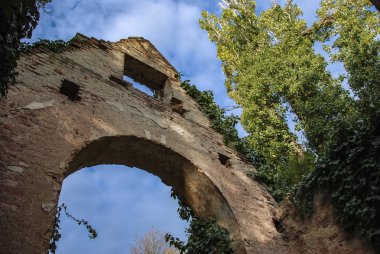 Prag 'daki Bohnice mezarlığında sarmaşıklarla kaplı bir kilise kalıntısı. 