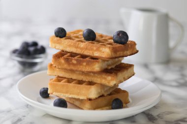 Beyaz bir plaka üzerinde dikdörtgen waffle yaban mersini mermer arka plan ile süslenmiş. kopya alanı