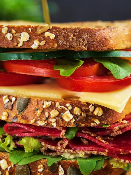 Primer Plano Dprimer Plano Delicioso Sándwich Con Salami Queso Verduras — Foto de Stock