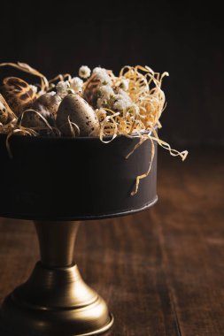 Bıldırcın yumurtası, tüyler ve bahar dal ve vintage kek çiçeklenir Paskalya arka plan üzerinde koyu ahşap rustik masa hazır. Uygulamalı retro tarzı filtreleriyle kopya alanı ile kapatın. Dikey. Bahar, Paskalya gıda kavramı.