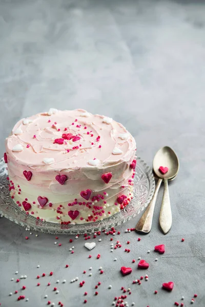 Gâteau Anniversaire Pour Saint Valentin Avec Des Cœurs Roses Des — Photo
