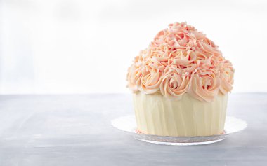 Metin alanı ile beyaz banner arka planda lezzetli Doğum günü pastası cupcake. Kutlama parti arka plan kavramı.