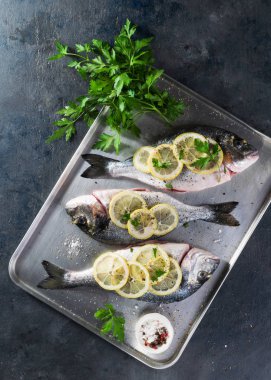Taze çiğ çipura balık koyu arka plan üzerinde limon dilimleri, otlar ve maydanoz ile dekore edilmiştir. Sağlıklı gıda kavramı, üst görünüm, kopyalama alanı