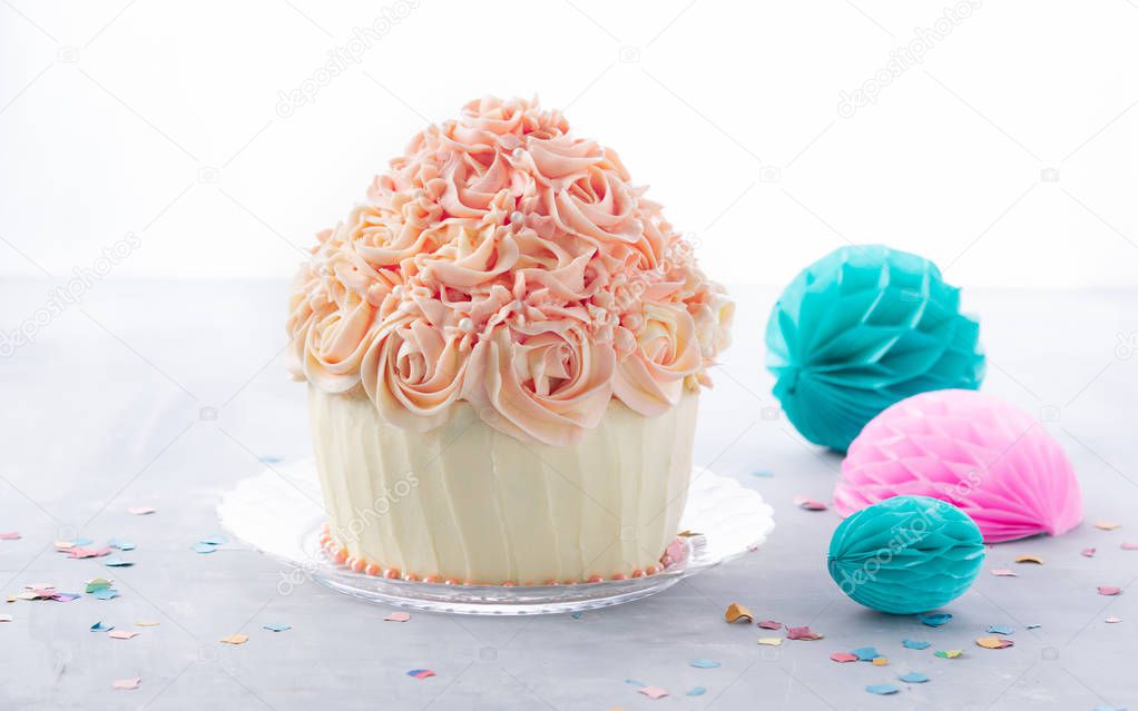Delicious birthday cake cupcake on white Banner Background with space for text. Celebration birthday party background concept.