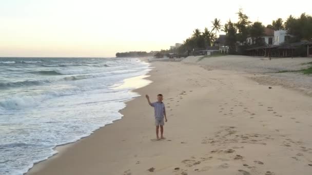 快乐的孩子在海滩上奔跑 夕阳西下 金黄的沙滩 可爱的孩子在海滨玩耍 空中的风景 美丽的小男孩走在沙滩上 蓝浪荡漾 — 图库视频影像