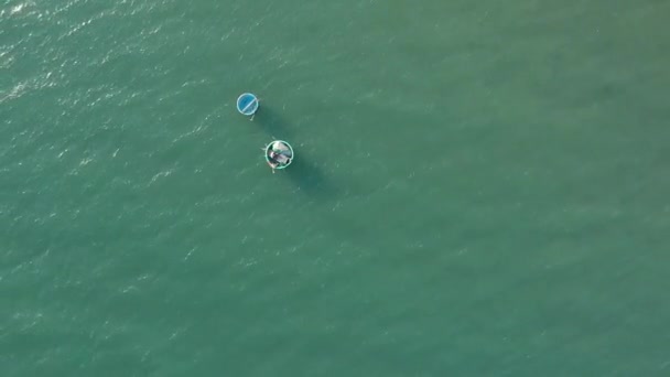 Aerial View Beautiful Sea Fisherman Seating Boat Sorting Fishing Net — Stock Video