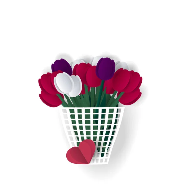 Schnittblumen Tulpen Blumenkorb Weißer Hintergrund Handwerk Komplexe Ikone — Stockvektor