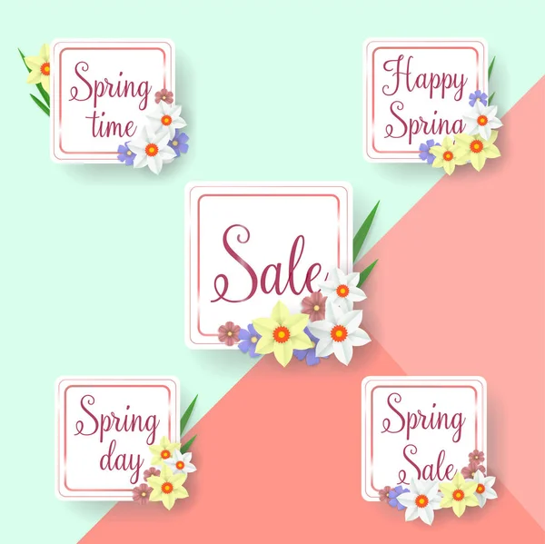 Set Flat Hand Drawn Spring Cards Labels Season Sale Spring — Stock Vector