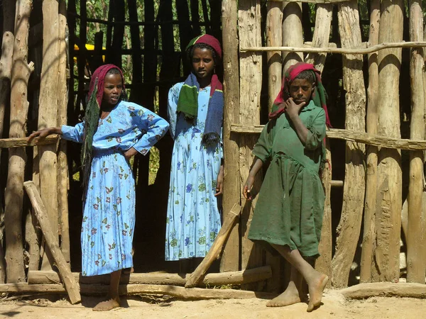 Amhara Etiópia Dezembro 2006 Menino Duas Meninas Uma Comunidade Rural — Fotografia de Stock